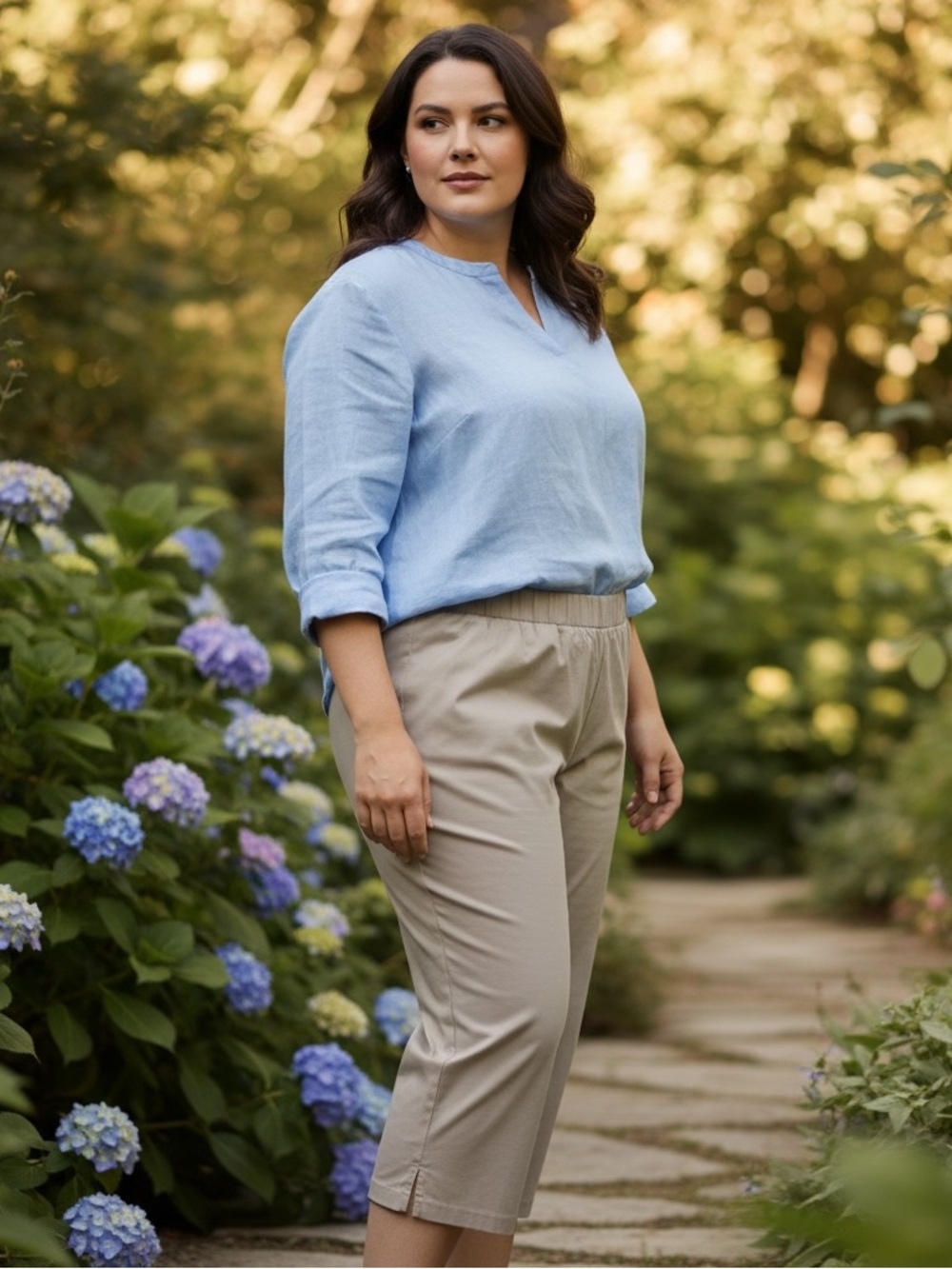 Eileen Fisher Light Blue Top with Khaki Crop Pants